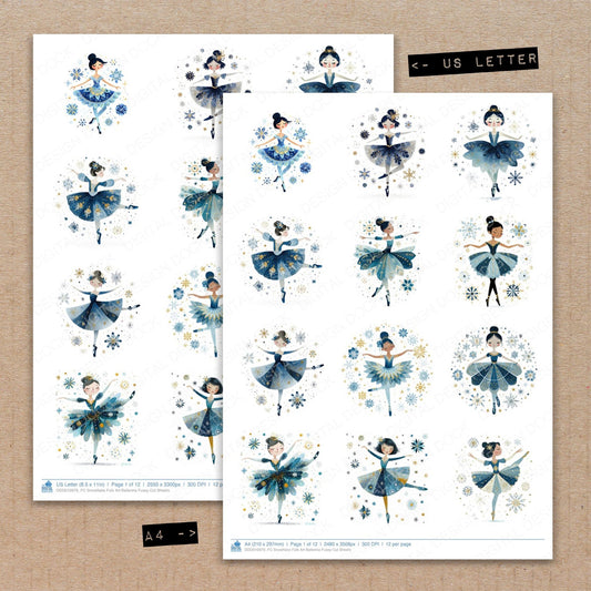 A4 and US Letter format comparison showing Snowflake Folk Art Ballerina fussy cut pages for print and cut crafting