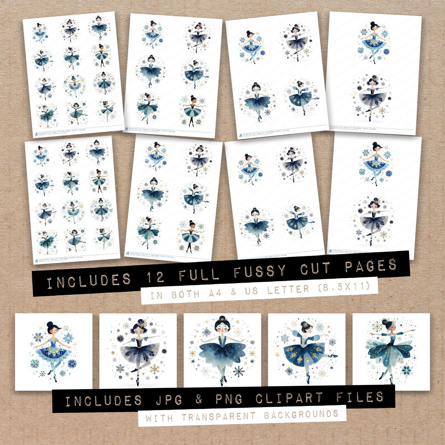 Full collection view of Snowflake Folk Art Ballerina fussy cut sheets with bonus clipart JPG and PNG files
