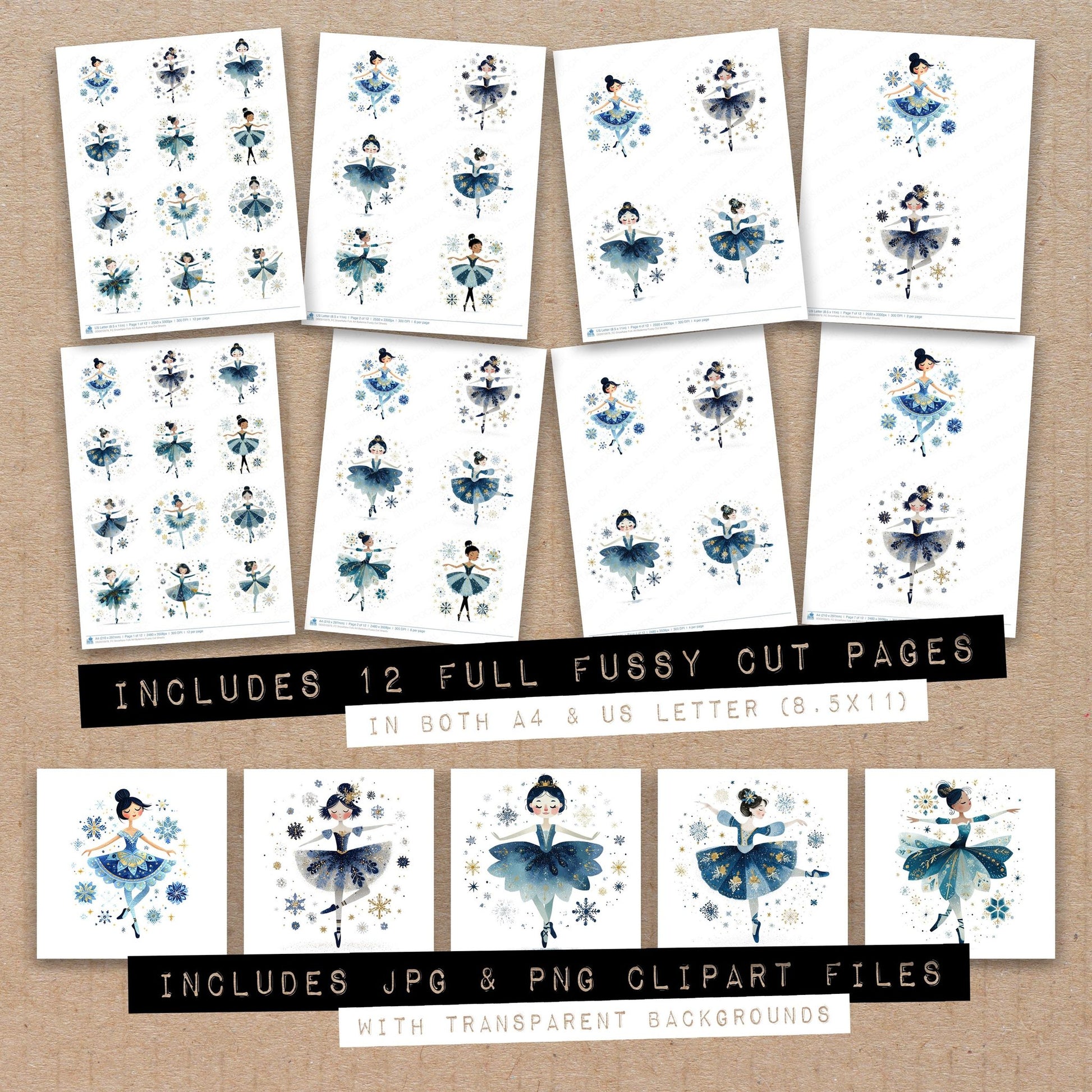 Full collection view of Snowflake Folk Art Ballerina fussy cut sheets with bonus clipart JPG and PNG files