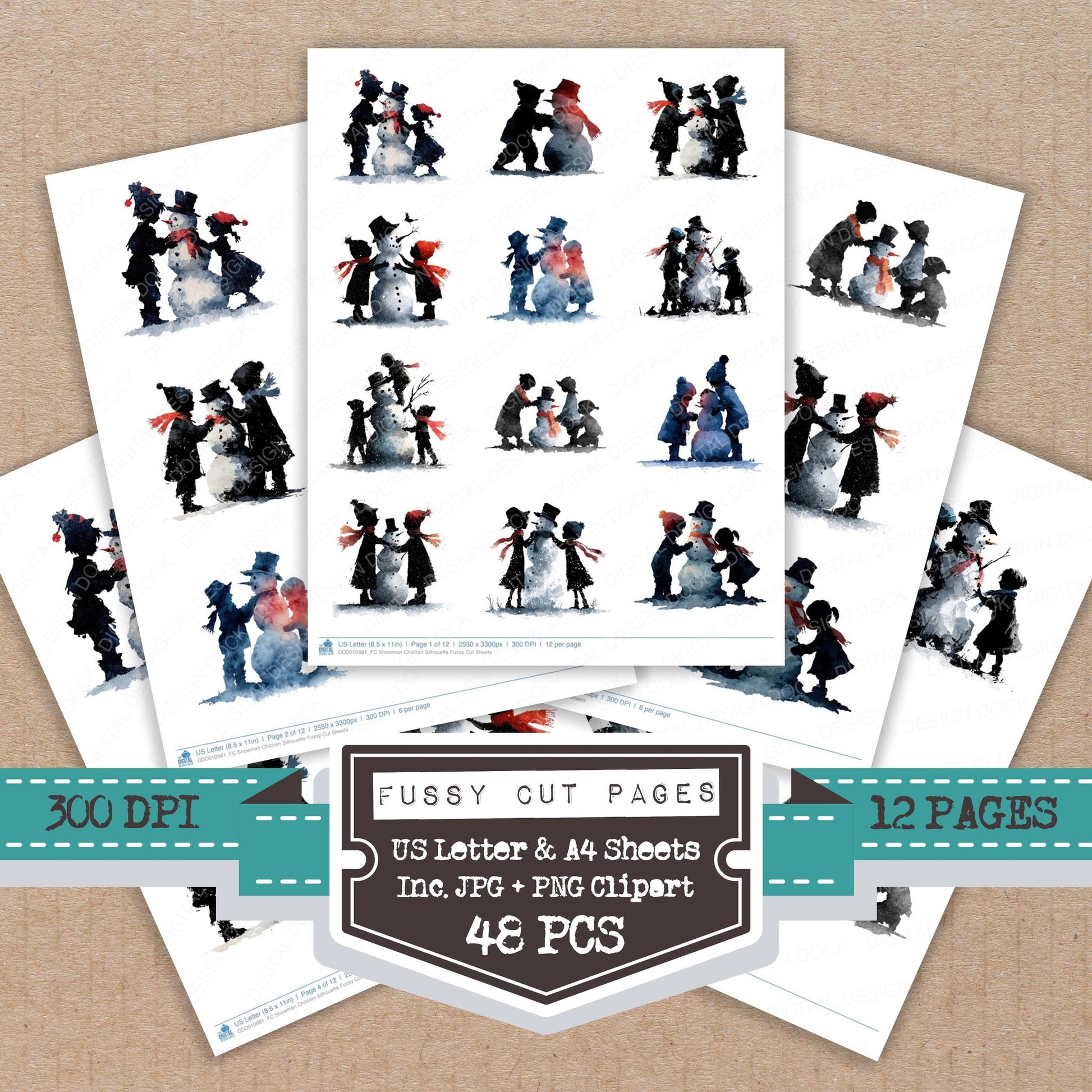 Snowman Children Silhouette fussy cut printable sheets for junk journaling, scrapbooking, and paper craft projects
