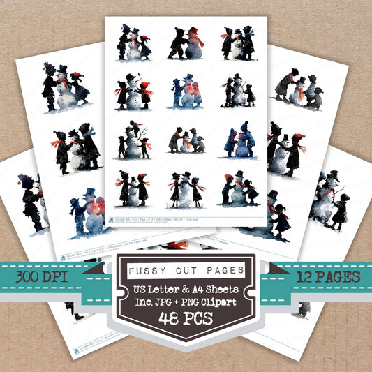 Snowman Children Silhouette fussy cut printable sheets for junk journaling, scrapbooking, and paper craft projects