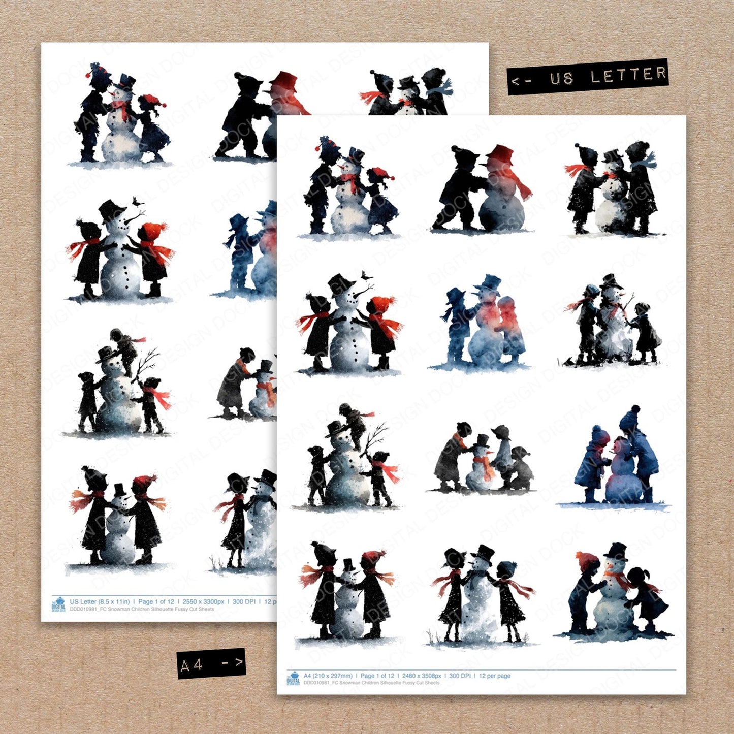 A4 and US Letter format comparison showing Snowman Children Silhouette fussy cut pages for print and cut crafting