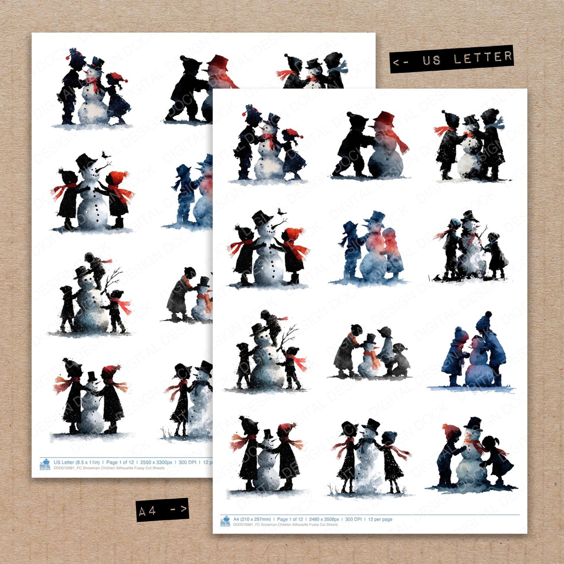 A4 and US Letter format comparison showing Snowman Children Silhouette fussy cut pages for print and cut crafting