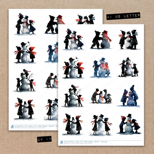A4 and US Letter format comparison showing Snowman Children Silhouette fussy cut pages for print and cut crafting