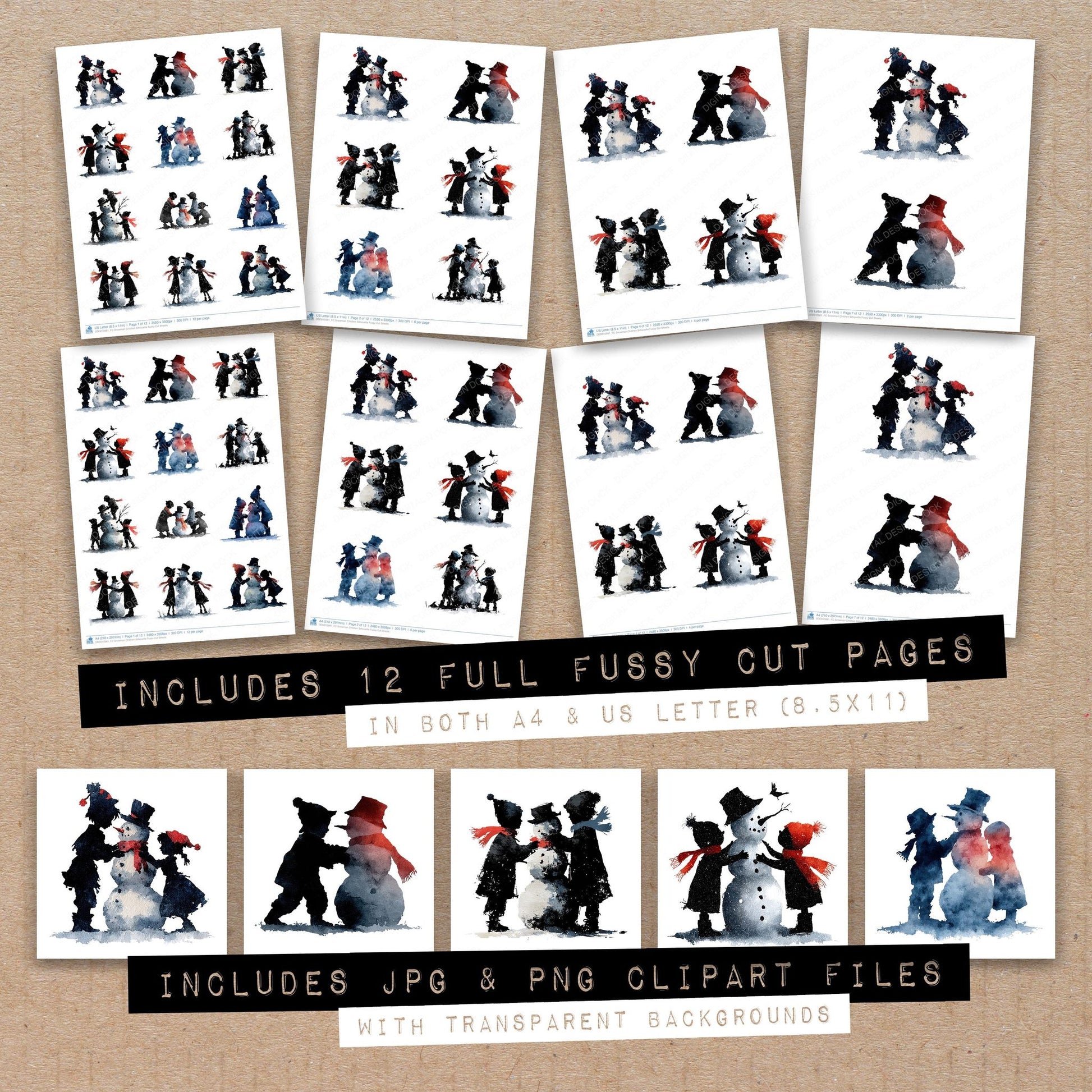 Full collection view of Snowman Children Silhouette fussy cut sheets with bonus clipart JPG and PNG files
