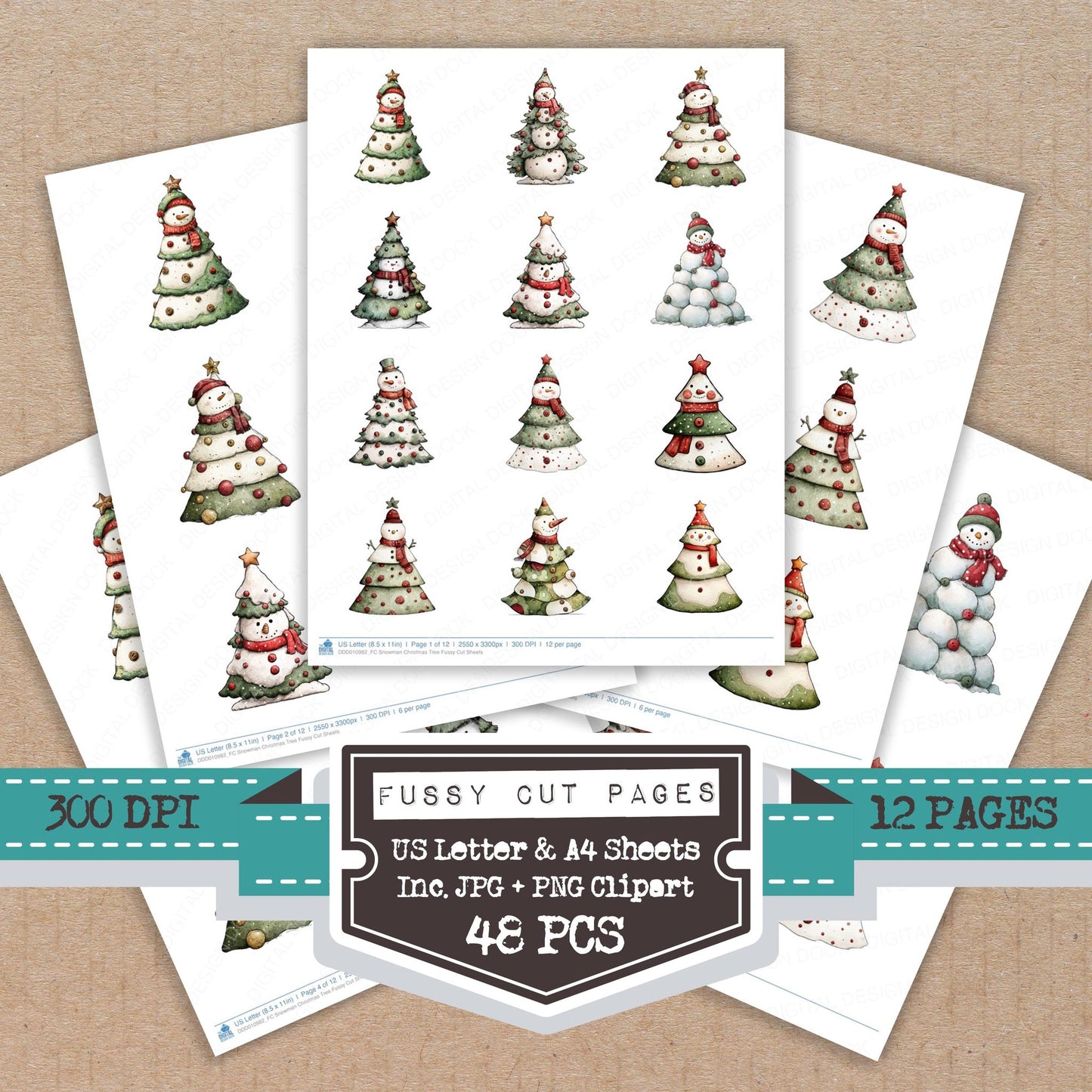 Snowman Christmas Tree fussy cut printable sheets for junk journaling, scrapbooking, and paper craft projects