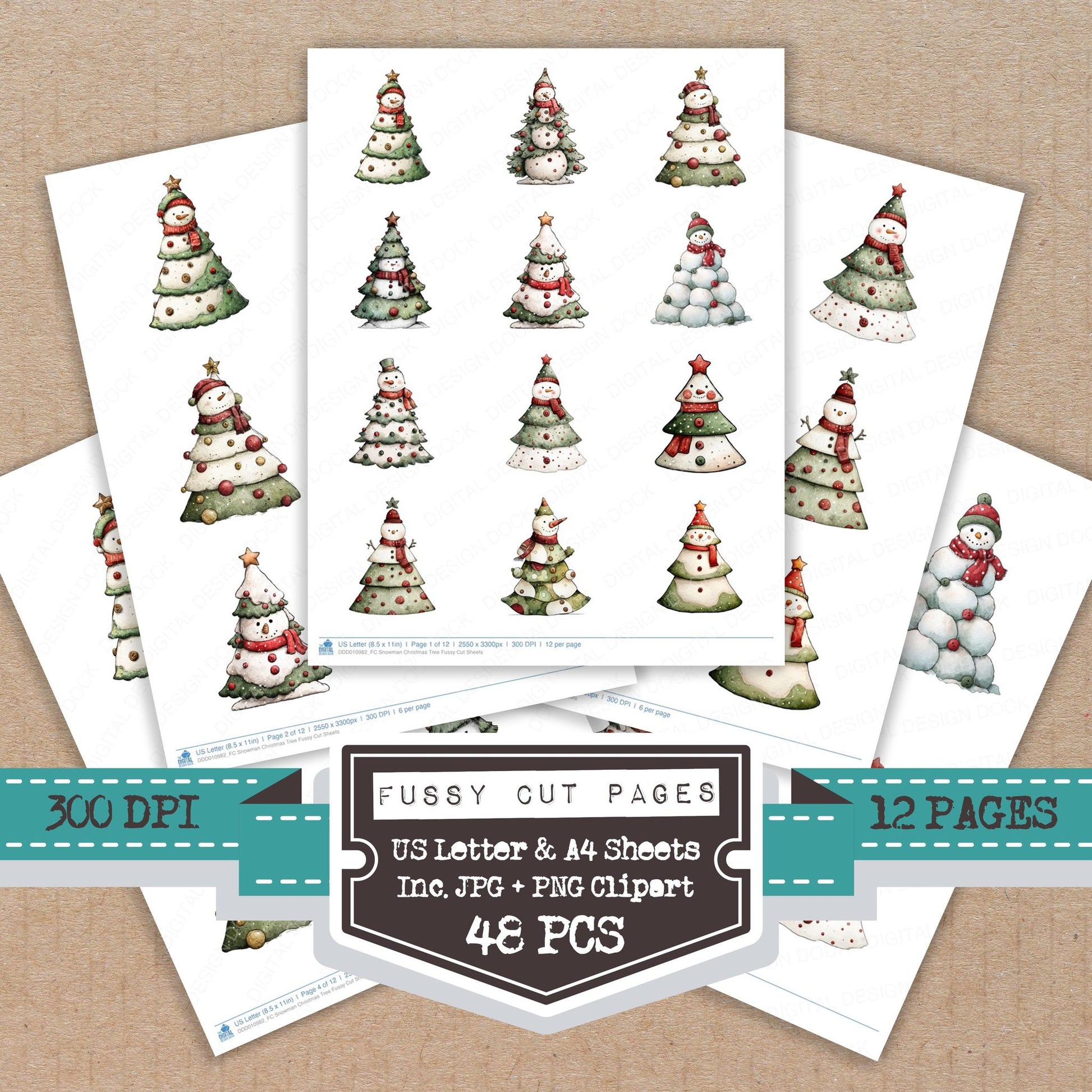 Snowman Christmas Tree fussy cut printable sheets for junk journaling, scrapbooking, and paper craft projects