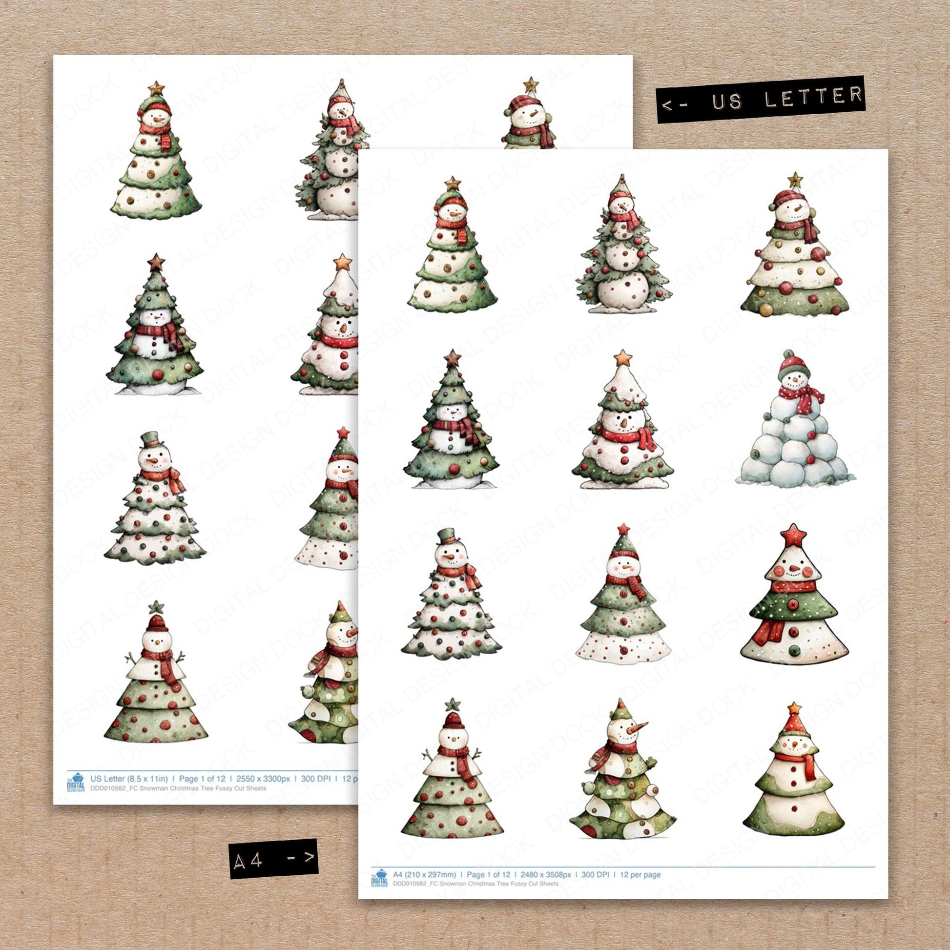 A4 and US Letter format comparison showing Snowman Christmas Tree fussy cut pages for print and cut crafting