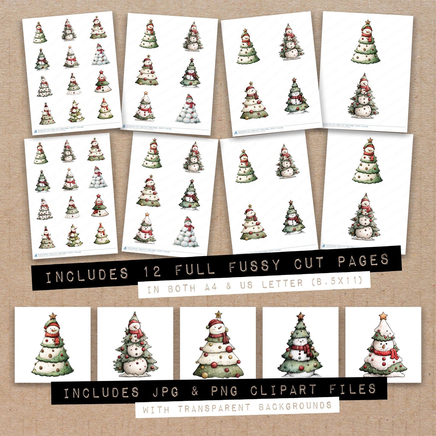 Full collection view of Snowman Christmas Tree fussy cut sheets with bonus clipart JPG and PNG files