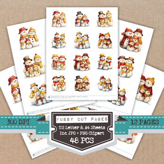 Snowman Family Four fussy cut printable sheets for junk journaling, scrapbooking, and paper craft projects