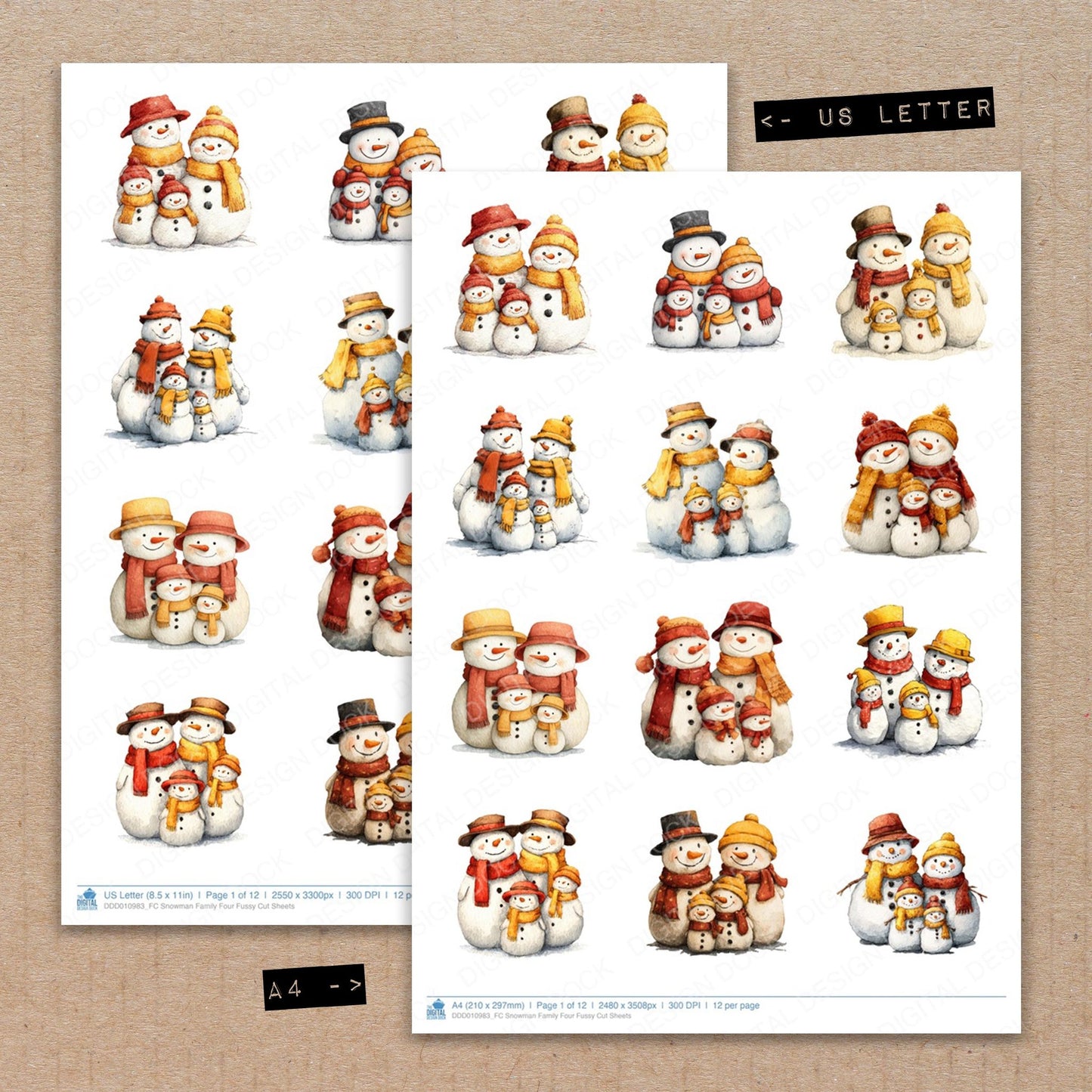 A4 and US Letter format comparison showing Snowman Family Four fussy cut pages for print and cut crafting