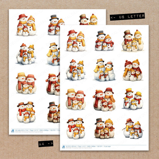 A4 and US Letter format comparison showing Snowman Family Four fussy cut pages for print and cut crafting