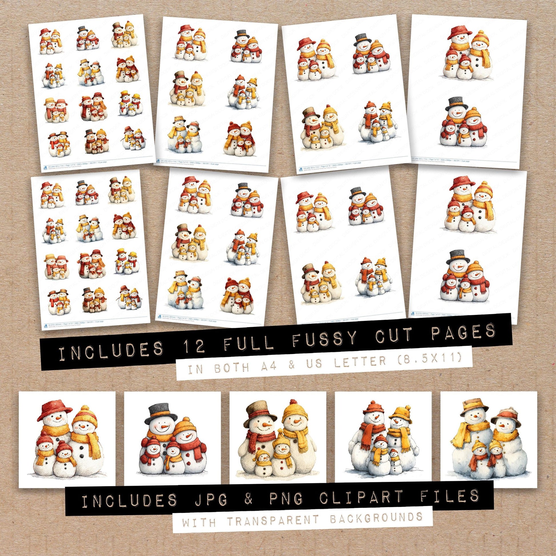 Full collection view of Snowman Family Four fussy cut sheets with bonus clipart JPG and PNG files
