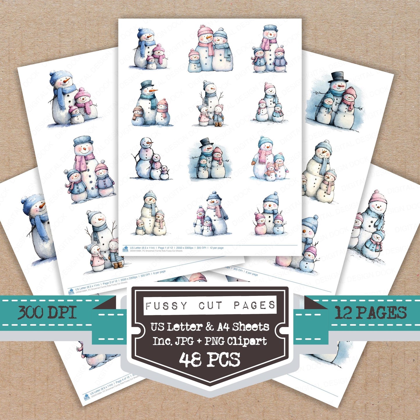 Snowman Family Kids fussy cut printable sheets for junk journaling, scrapbooking, and paper craft projects