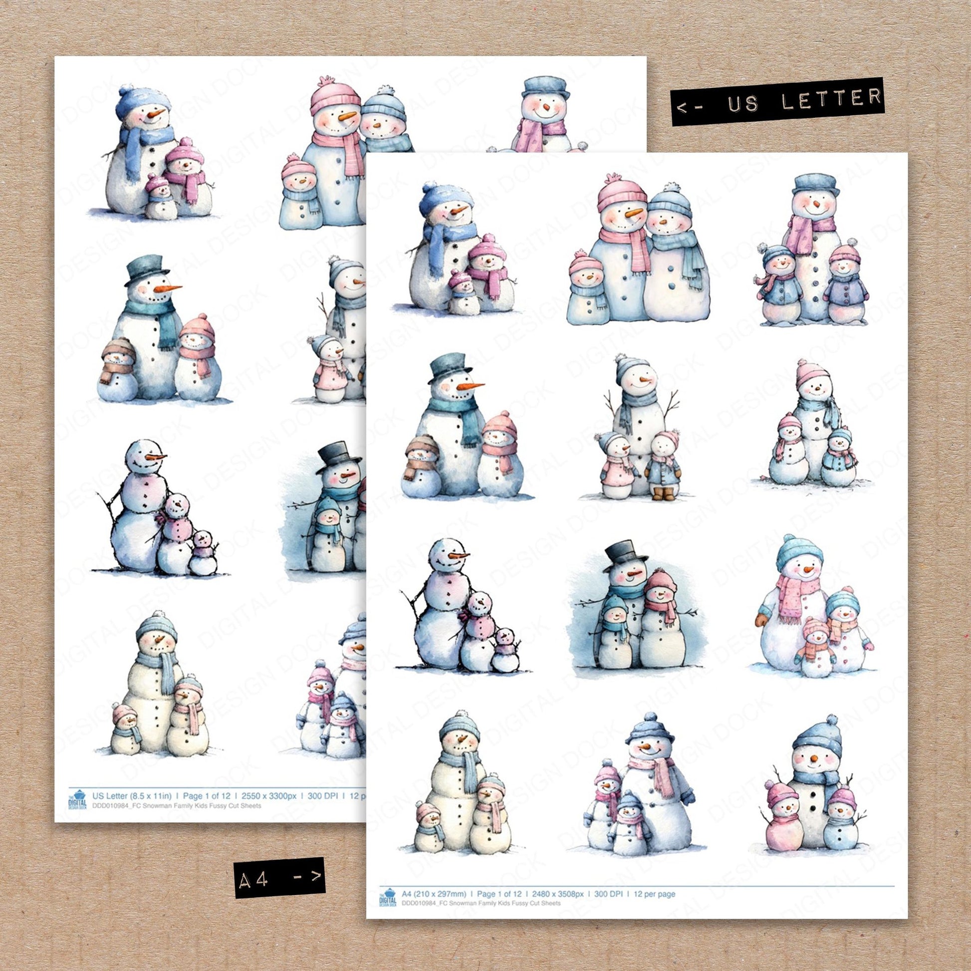 A4 and US Letter format comparison showing Snowman Family Kids fussy cut pages for print and cut crafting
