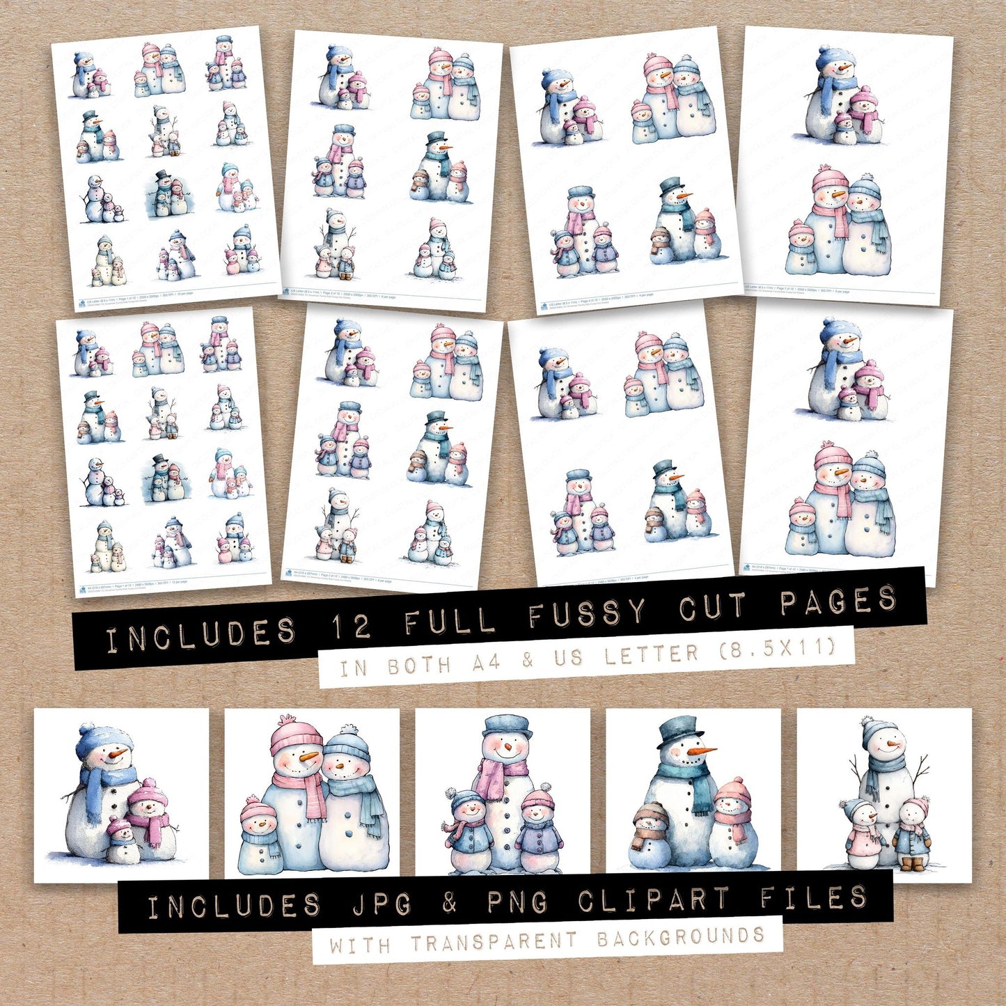 Full collection view of Snowman Family Kids fussy cut sheets with bonus clipart JPG and PNG files