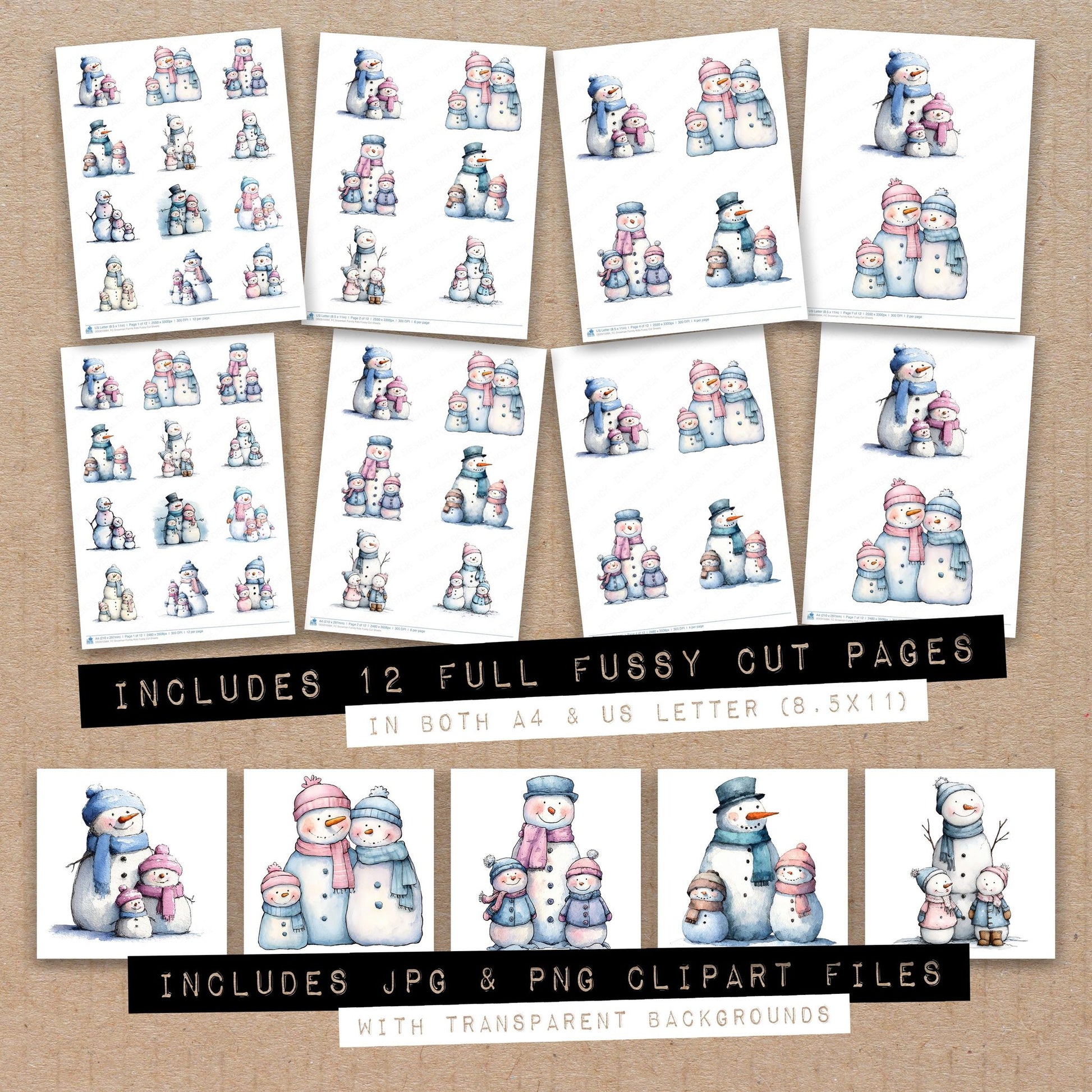 Full collection view of Snowman Family Kids fussy cut sheets with bonus clipart JPG and PNG files