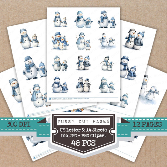 Snowman Family Pair fussy cut printable sheets for junk journaling, scrapbooking, and paper craft projects