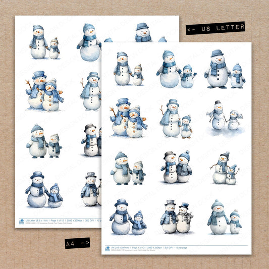 A4 and US Letter format comparison showing Snowman Family Pair fussy cut pages for print and cut crafting