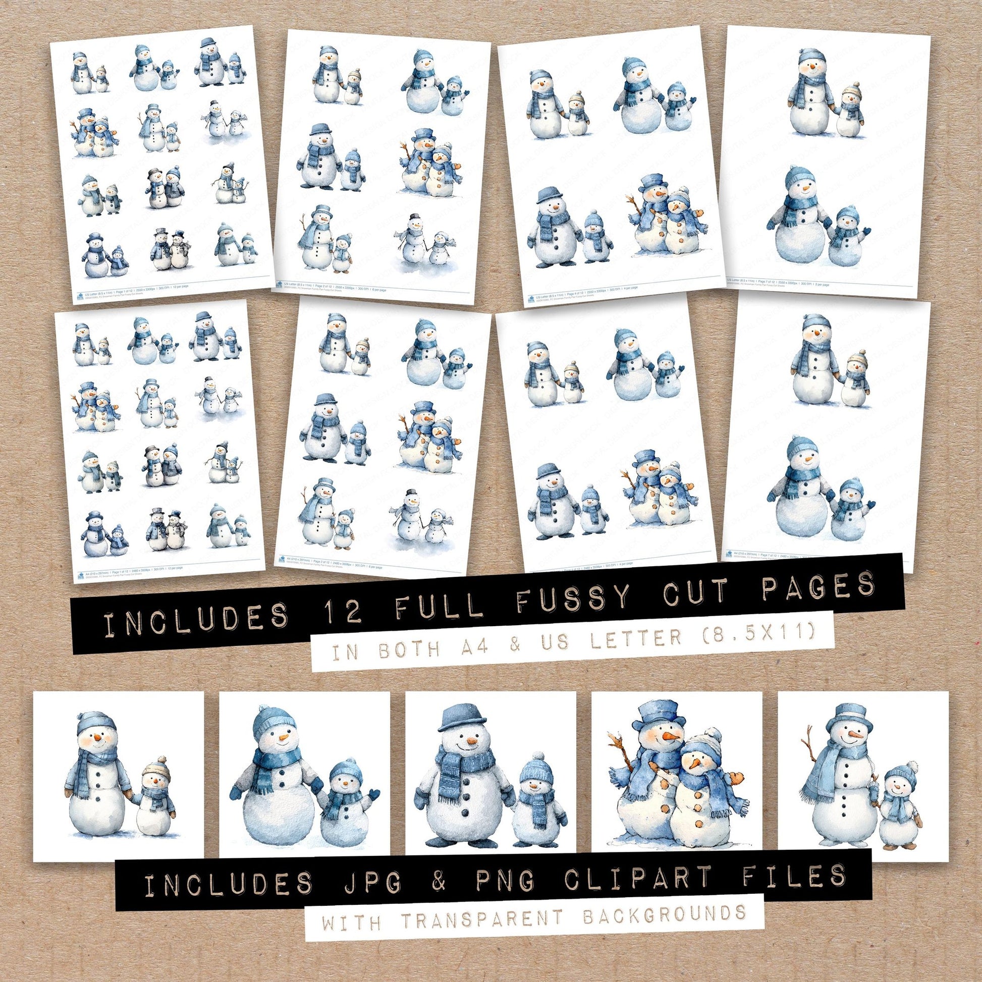 Full collection view of Snowman Family Pair fussy cut sheets with bonus clipart JPG and PNG files