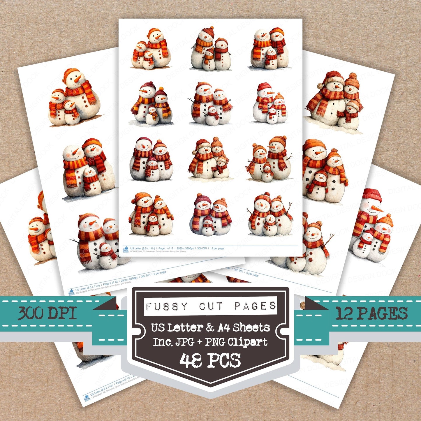 Snowman Family Scarves fussy cut printable sheets for junk journaling, scrapbooking, and paper craft projects