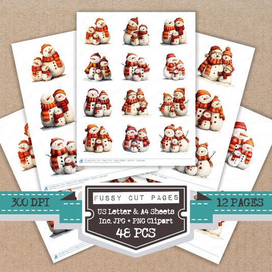 Snowman Family Scarves fussy cut printable sheets for junk journaling, scrapbooking, and paper craft projects