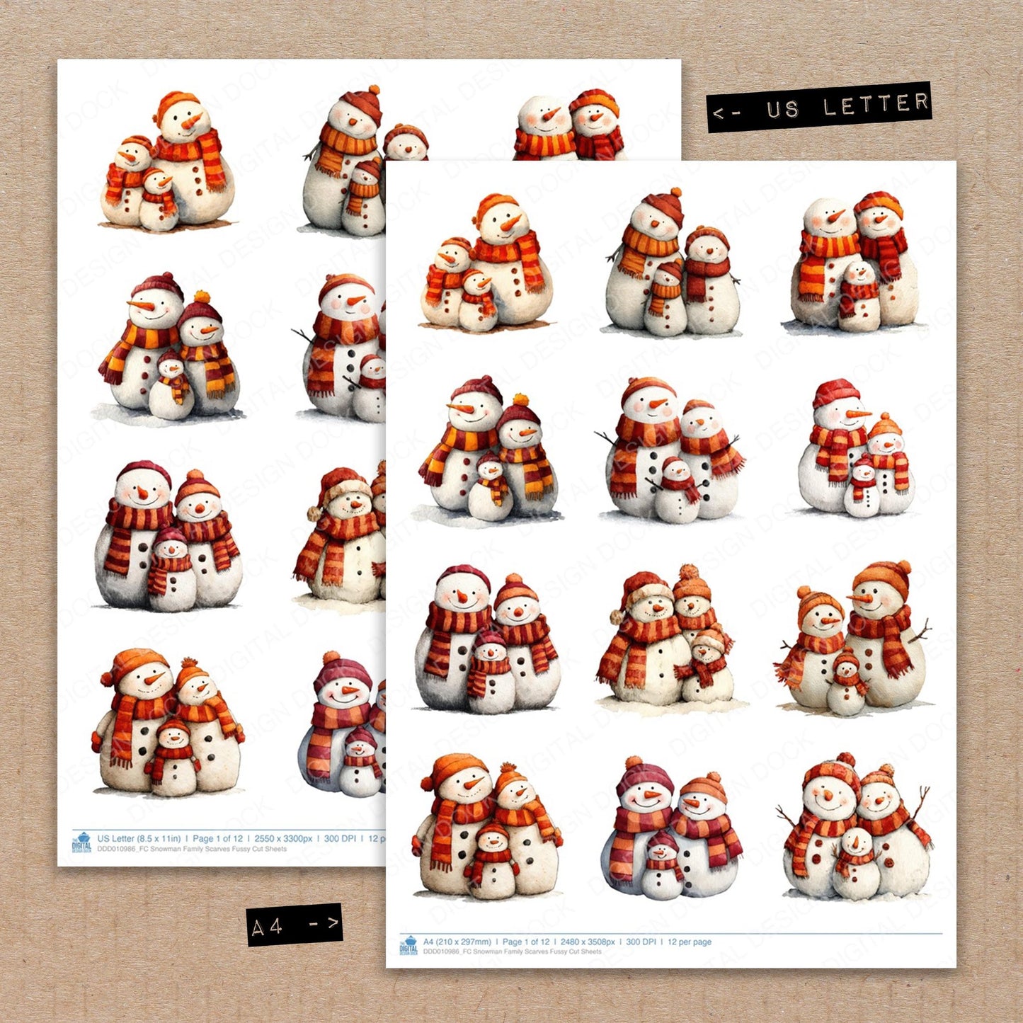A4 and US Letter format comparison showing Snowman Family Scarves fussy cut pages for print and cut crafting