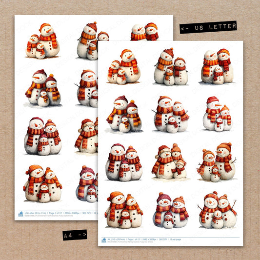 A4 and US Letter format comparison showing Snowman Family Scarves fussy cut pages for print and cut crafting