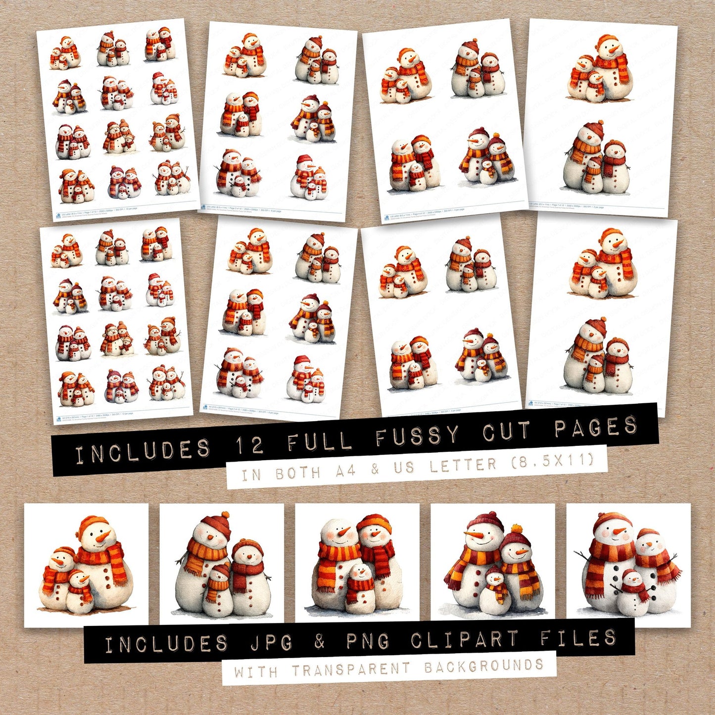 Full collection view of Snowman Family Scarves fussy cut sheets with bonus clipart JPG and PNG files