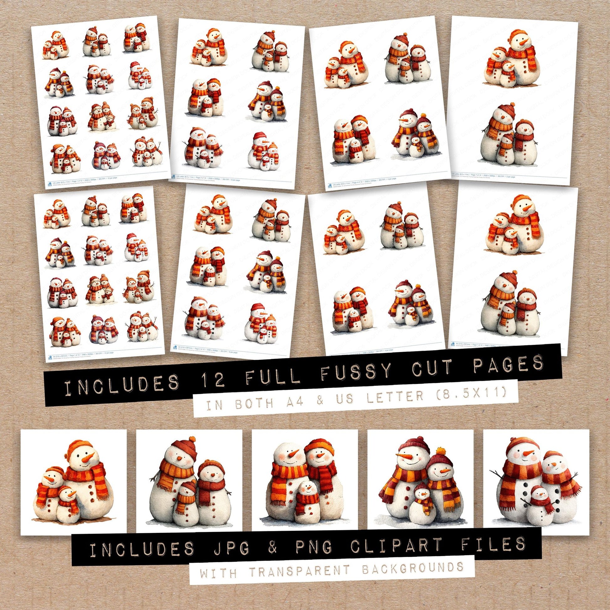 Full collection view of Snowman Family Scarves fussy cut sheets with bonus clipart JPG and PNG files