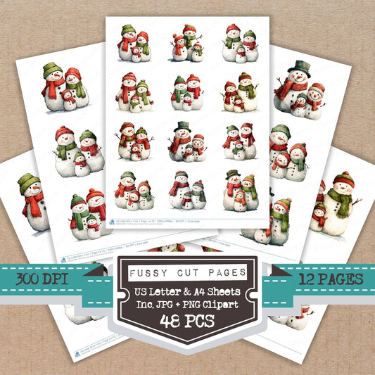 Snowman Family Trio fussy cut printable sheets for junk journaling, scrapbooking, and paper craft projects