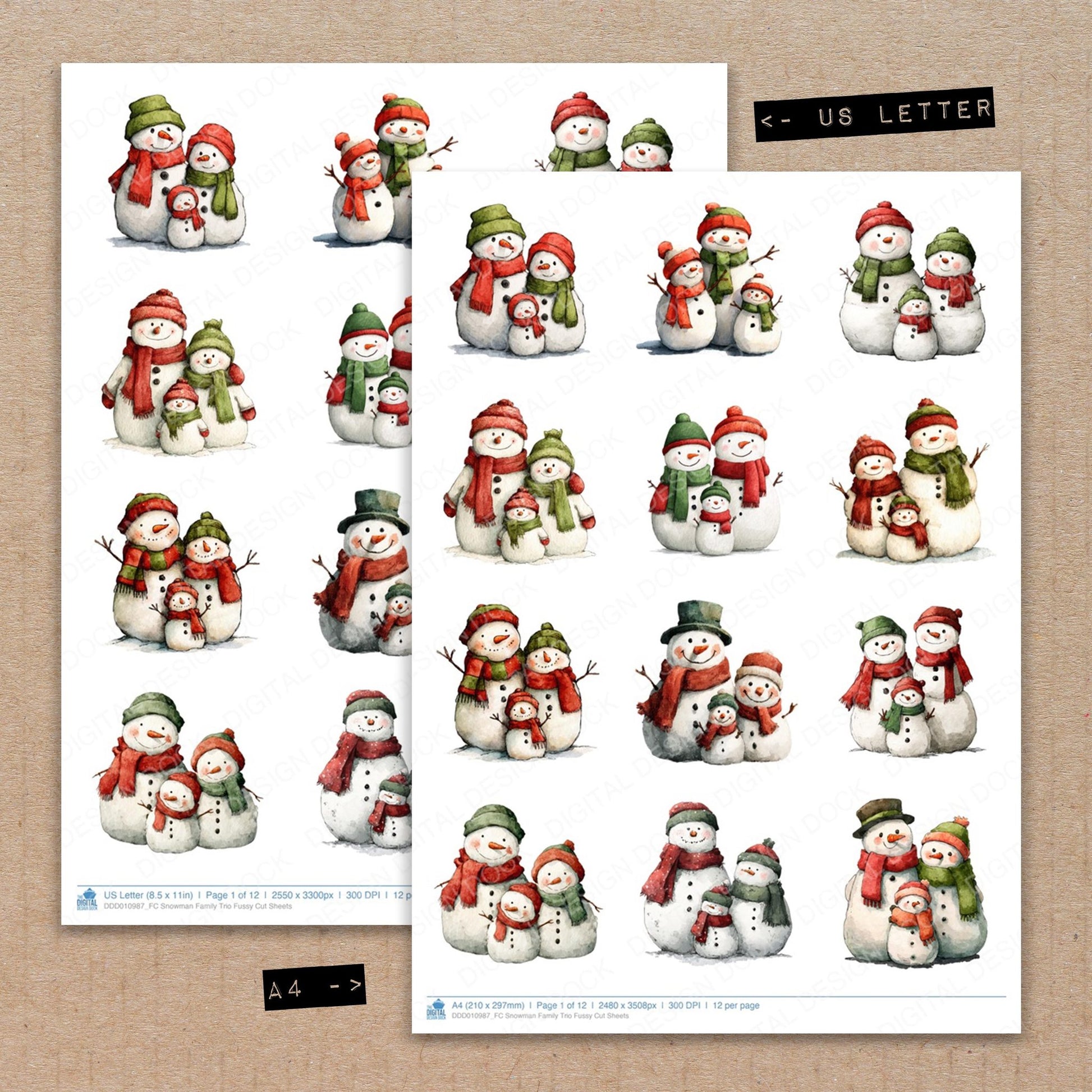 A4 and US Letter format comparison showing Snowman Family Trio fussy cut pages for print and cut crafting