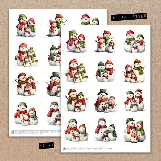 A4 and US Letter format comparison showing Snowman Family Trio fussy cut pages for print and cut crafting