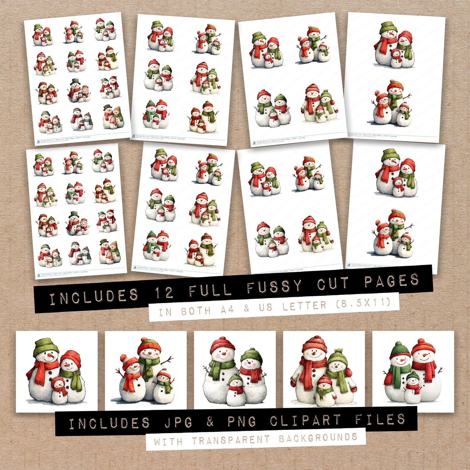 Full collection view of Snowman Family Trio fussy cut sheets with bonus clipart JPG and PNG files
