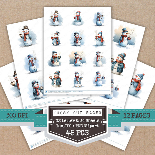 Snowman with Hot Cocoa fussy cut printable sheets for junk journaling, scrapbooking, and paper craft projects