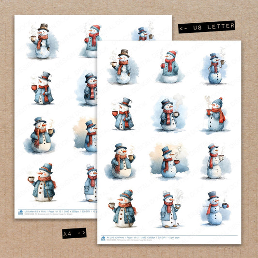 A4 and US Letter format comparison showing Snowman with Hot Cocoa fussy cut pages for print and cut crafting