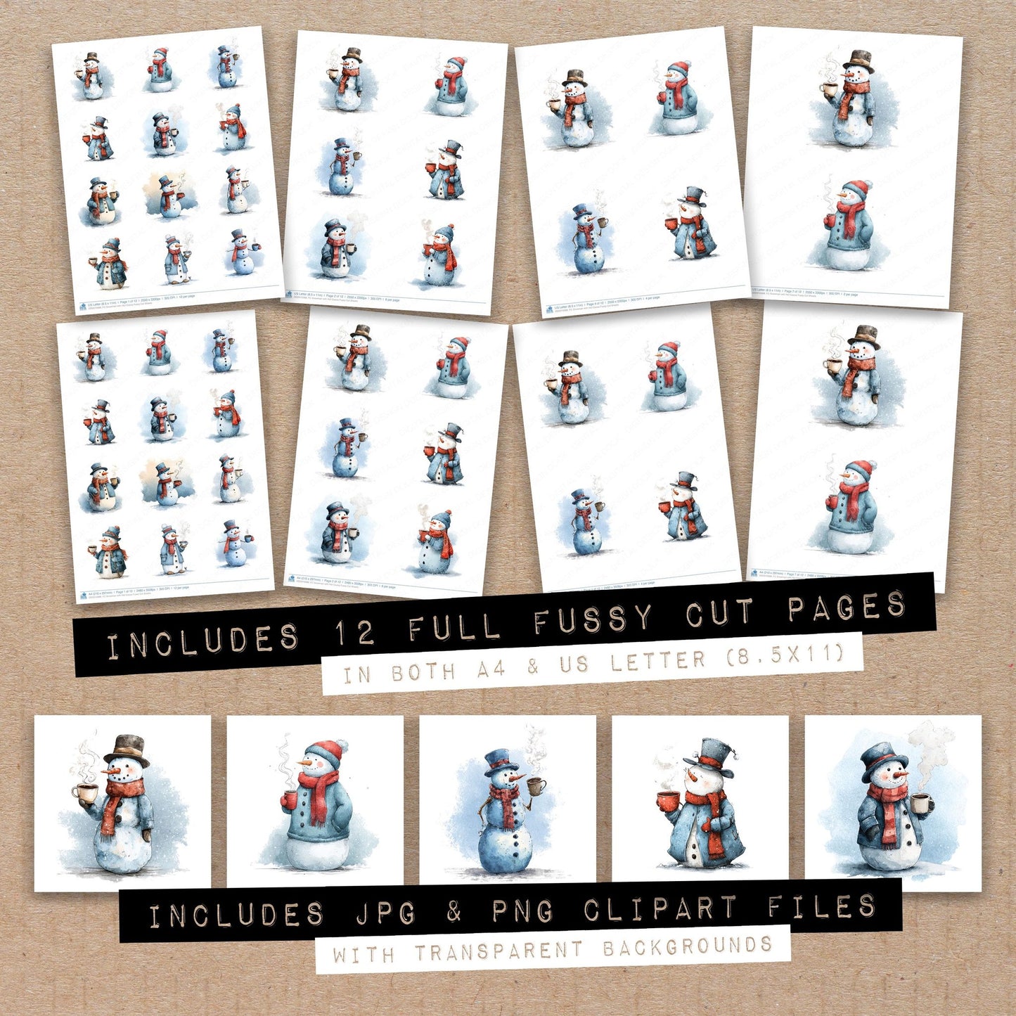 Full collection view of Snowman with Hot Cocoa fussy cut sheets with bonus clipart JPG and PNG files