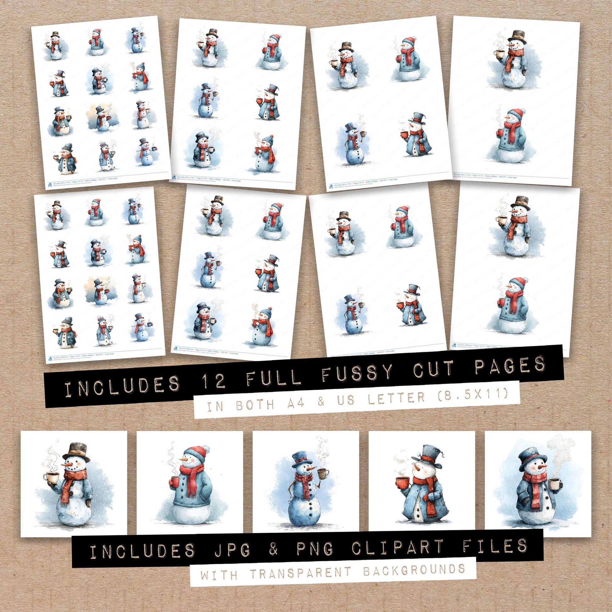 Full collection view of Snowman with Hot Cocoa fussy cut sheets with bonus clipart JPG and PNG files