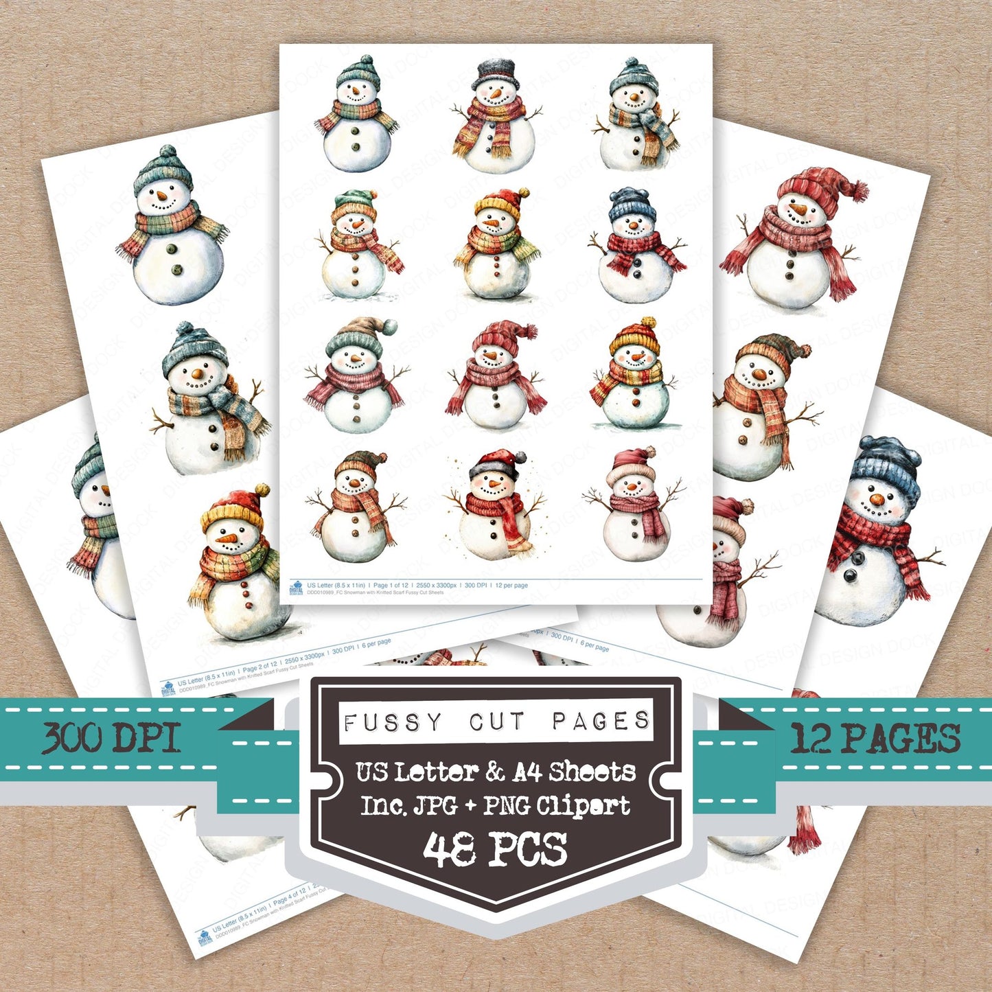 Snowman with Knitted Scarf fussy cut printable sheets for junk journaling, scrapbooking, and paper craft projects