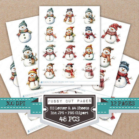 Snowman with Knitted Scarf fussy cut printable sheets for junk journaling, scrapbooking, and paper craft projects