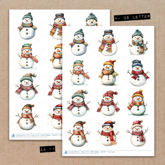 A4 and US Letter format comparison showing Snowman with Knitted Scarf fussy cut pages for print and cut crafting