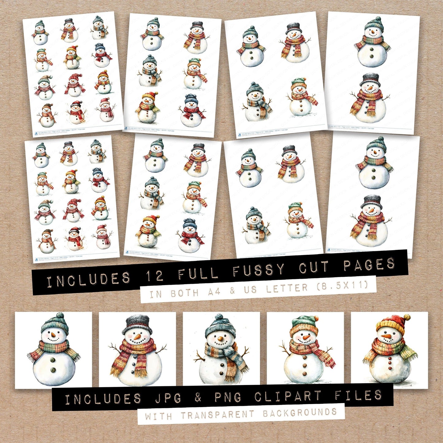 Full collection view of Snowman with Knitted Scarf fussy cut sheets with bonus clipart JPG and PNG files