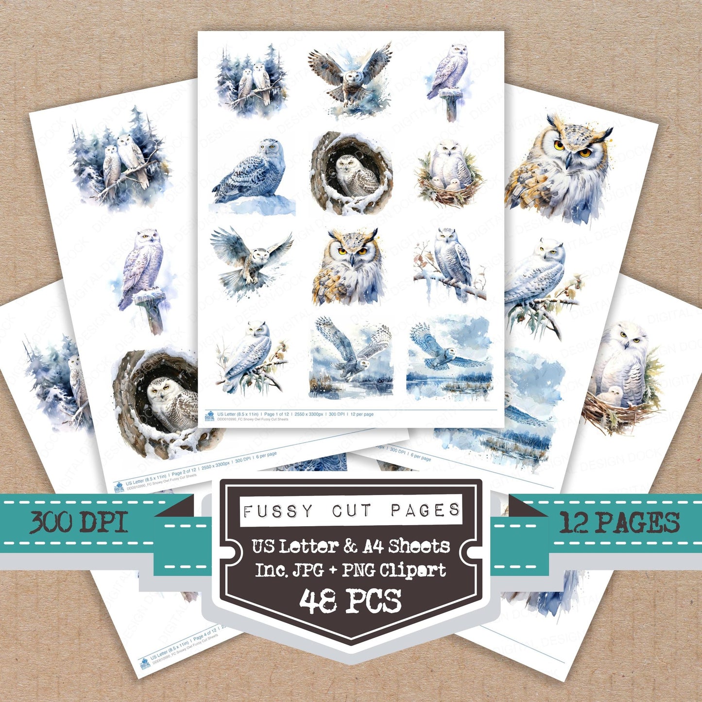 Snowy Owl fussy cut printable sheets for junk journaling, scrapbooking, and paper craft projects