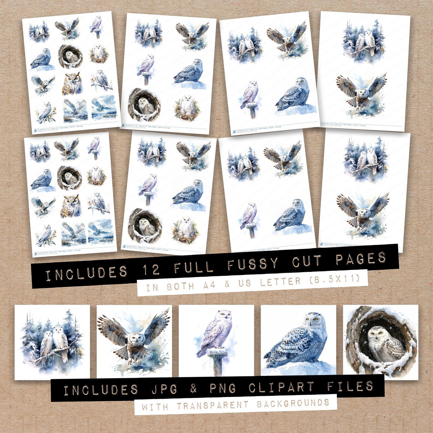 Full collection view of Snowy Owl fussy cut sheets with bonus clipart JPG and PNG files