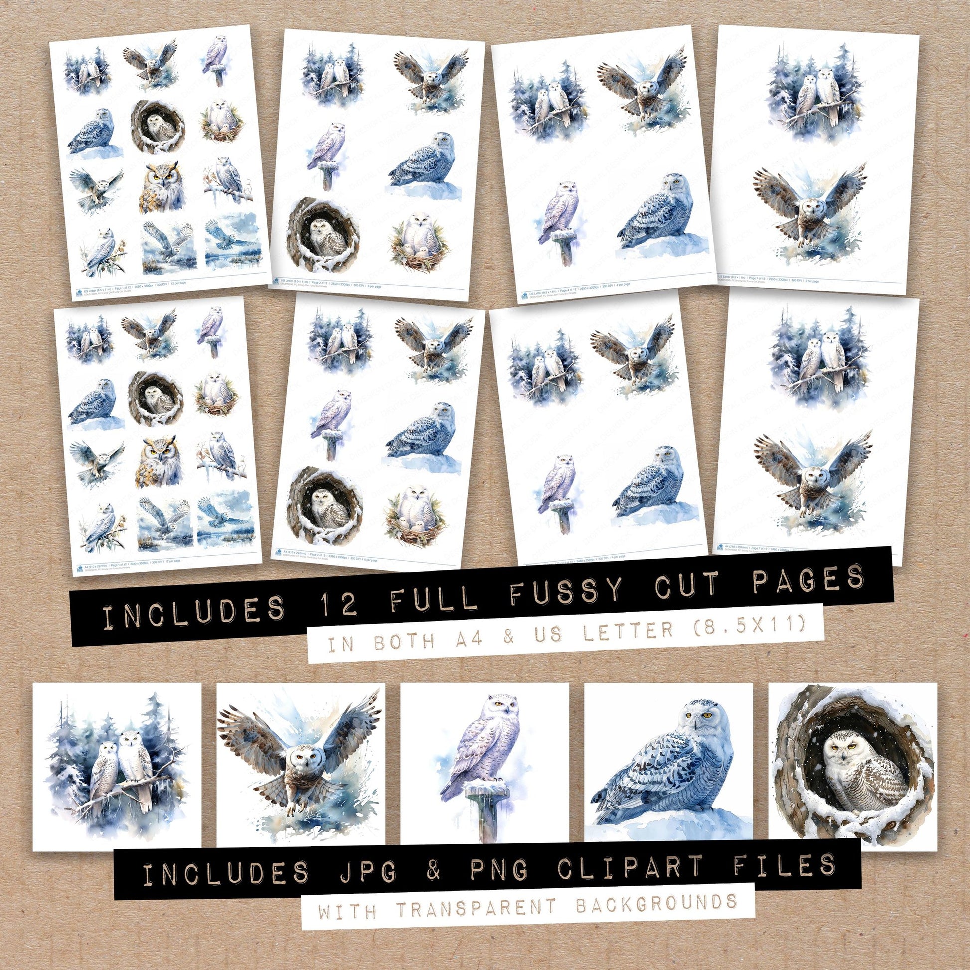 Full collection view of Snowy Owl fussy cut sheets with bonus clipart JPG and PNG files