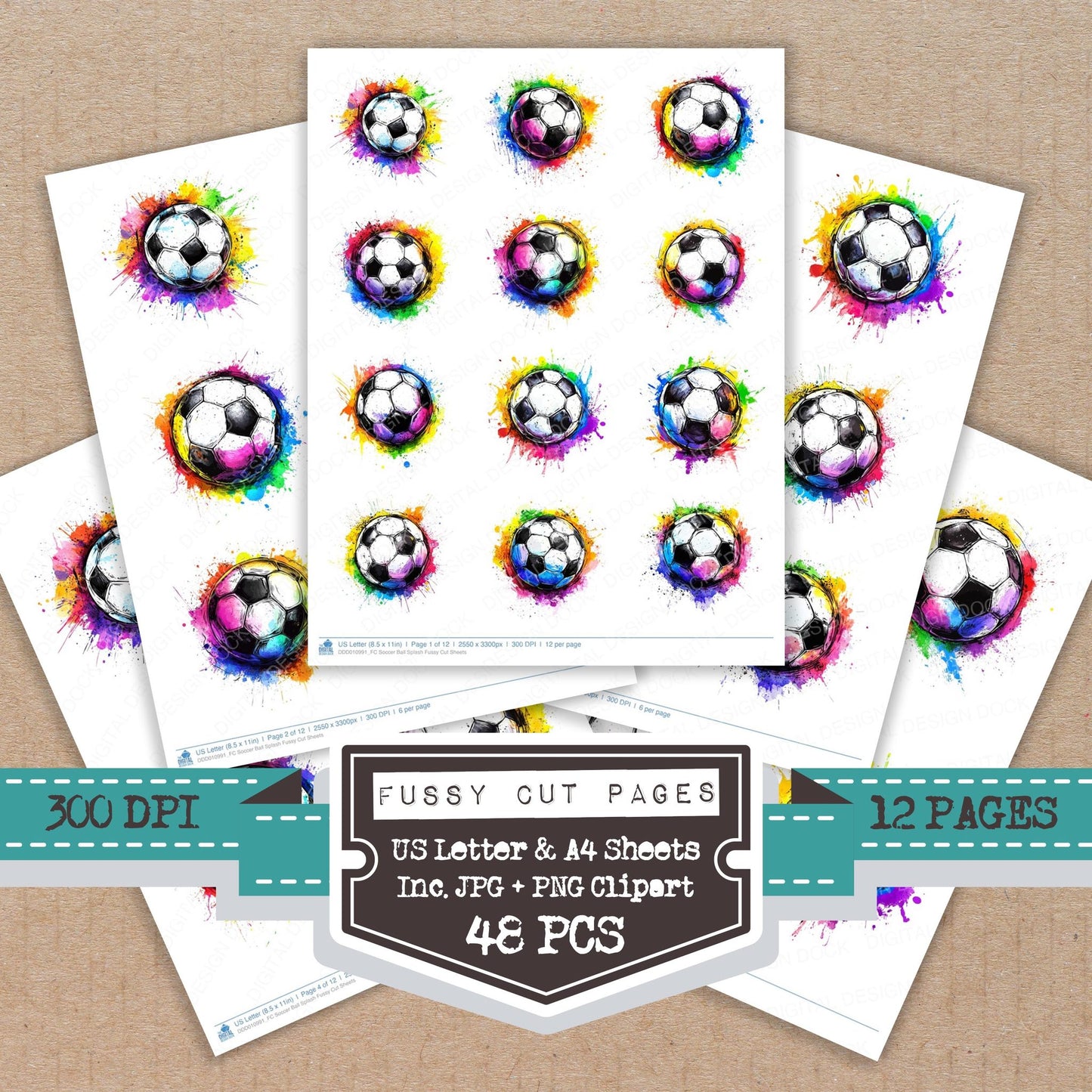 Soccer Ball Splash fussy cut printable sheets for junk journaling, scrapbooking, and paper craft projects