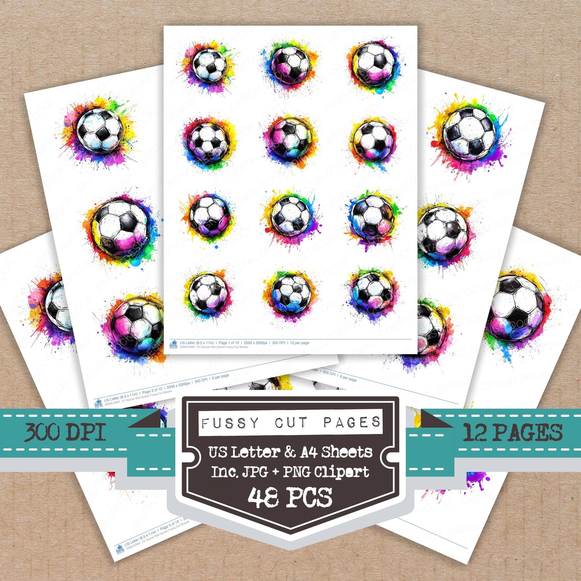 Soccer Ball Splash fussy cut printable sheets for junk journaling, scrapbooking, and paper craft projects