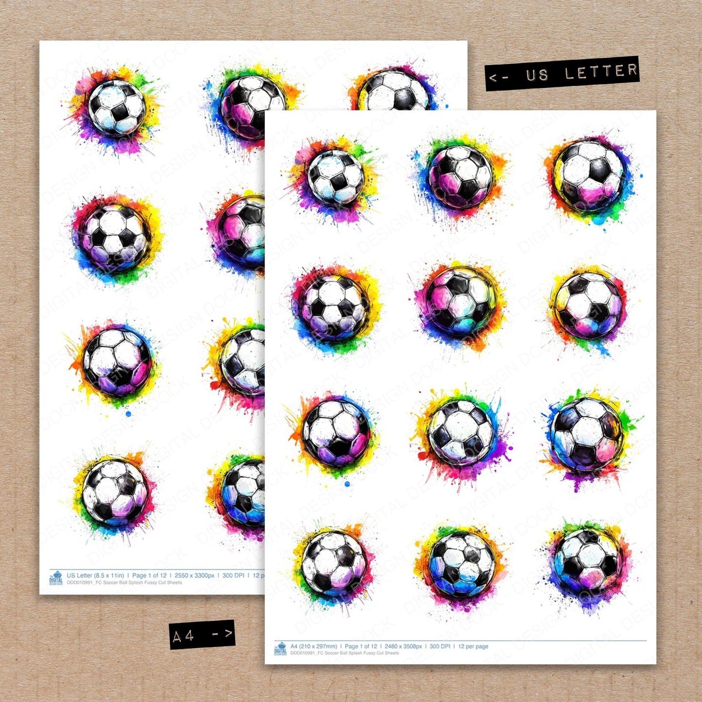 A4 and US Letter format comparison showing Soccer Ball Splash fussy cut pages for print and cut crafting