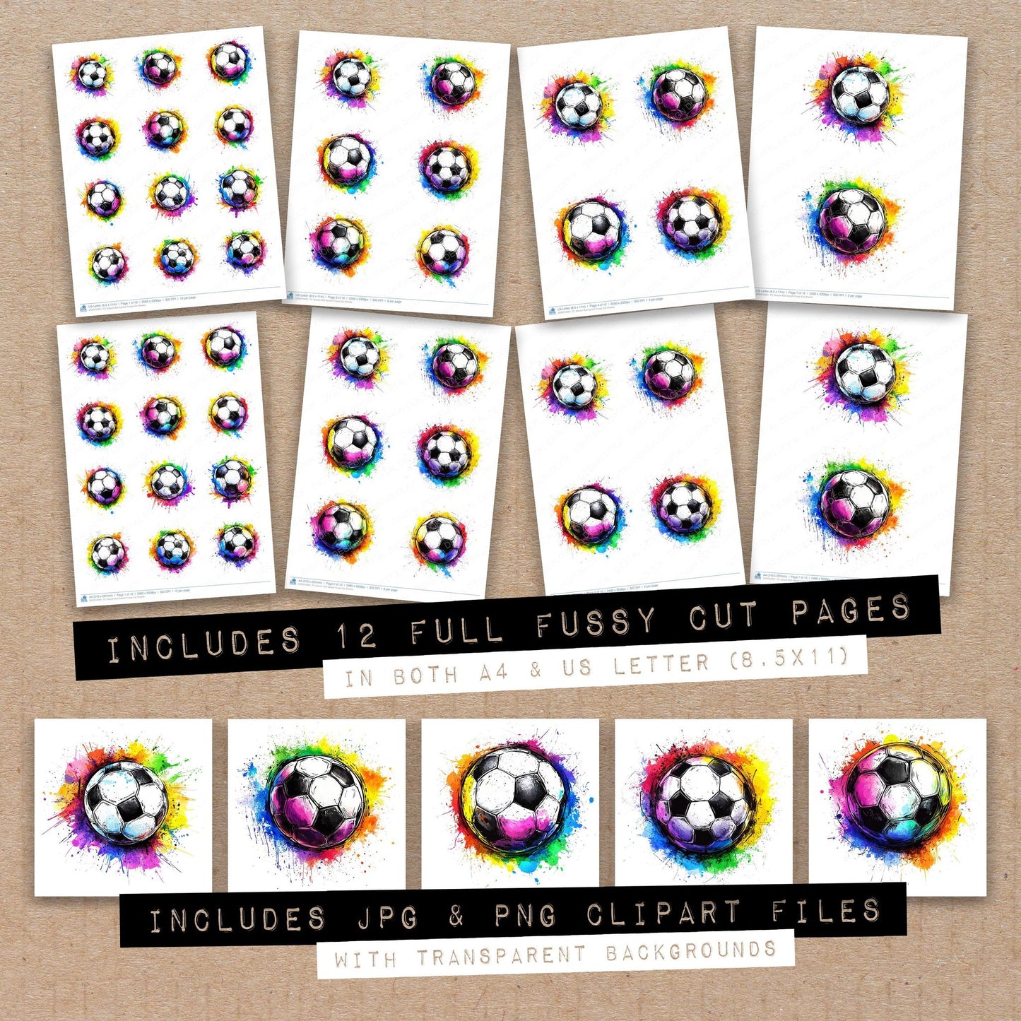 Full collection view of Soccer Ball Splash fussy cut sheets with bonus clipart JPG and PNG files