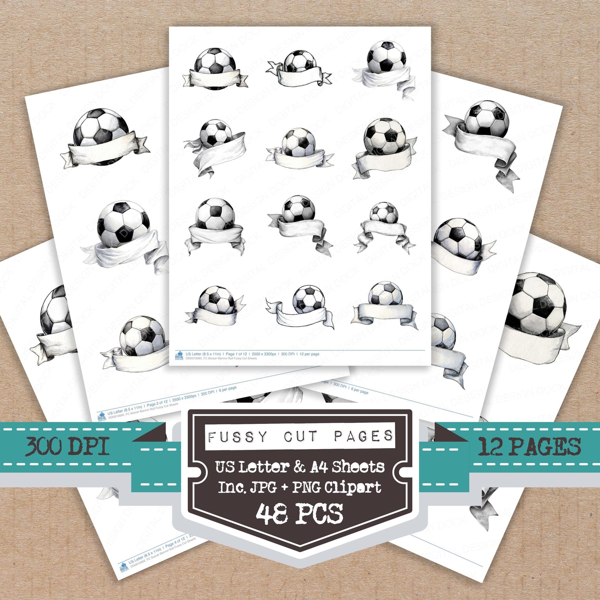 Soccer Banner Ball fussy cut printable sheets for junk journaling, scrapbooking, and paper craft projects